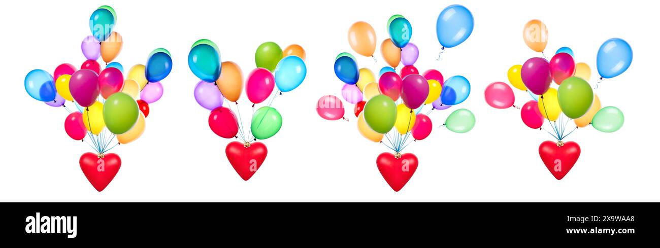 Colorful balloons tied to heart gift boxes creating a festive and ...