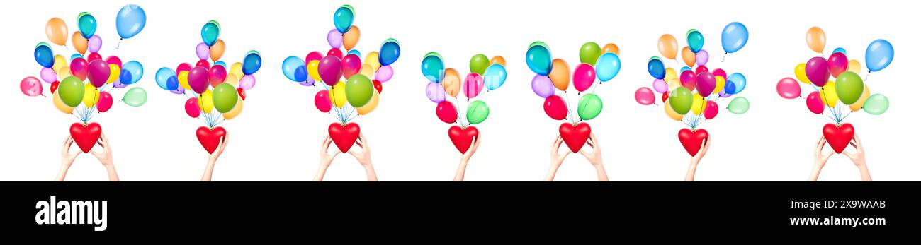 Colorful balloons tied to heart gift boxes creating a festive and ...