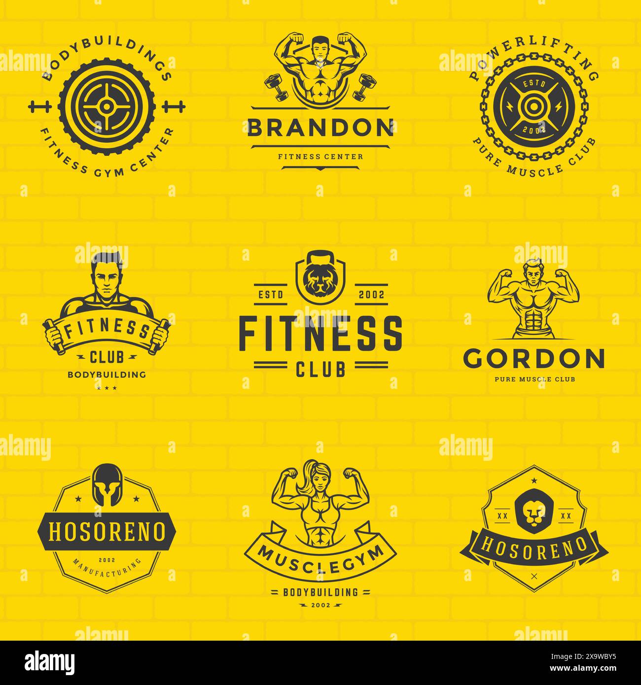 Fitness logos and badges design sport equipment and people set vector ...