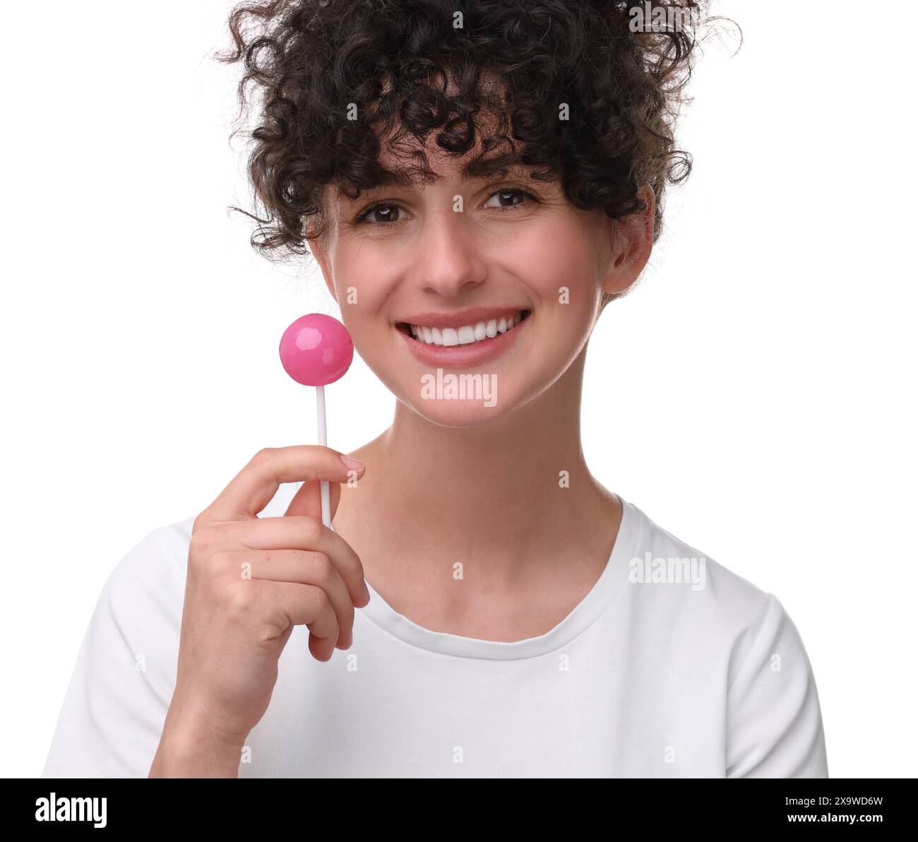 Beautiful woman with lollipop on white background Stock Photo