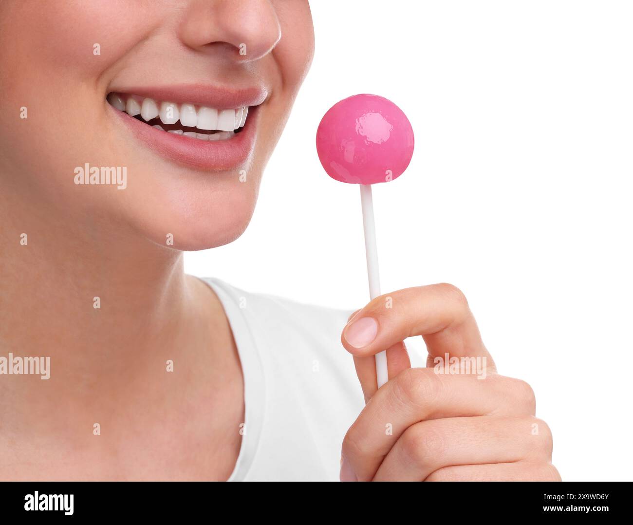 Woman with lollipop on white background, closeup Stock Photo