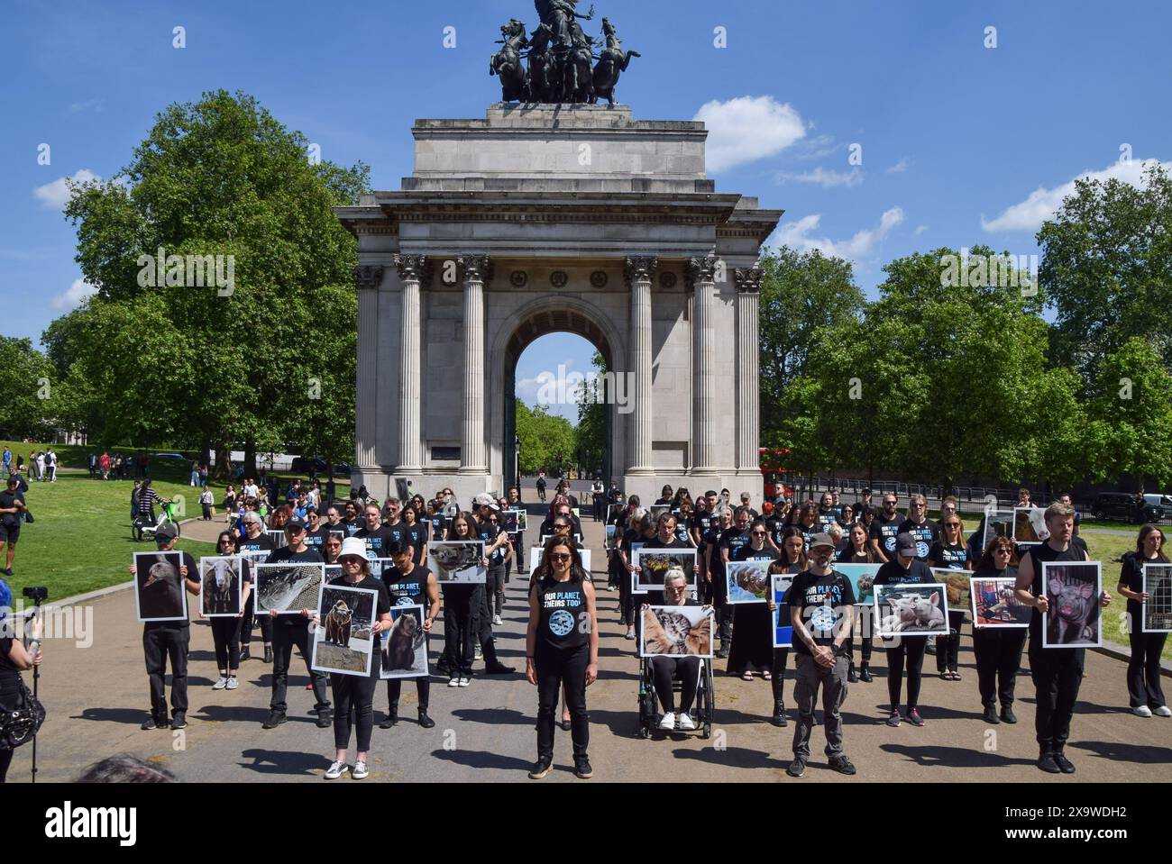 London, UK. 2nd June 2024. Animal rights actvists gather with pictures of animals next to the Wellington Arch at Hyde Park Corner for the National Animal Rights Day memorial. The annual event, taking place in numerous countries around the world, honours the billions of animals killed, abused and exploited by humans, and celebrates progress towards freedom for all species. Credit: Vuk Valcic/Alamy Live News Stock Photo