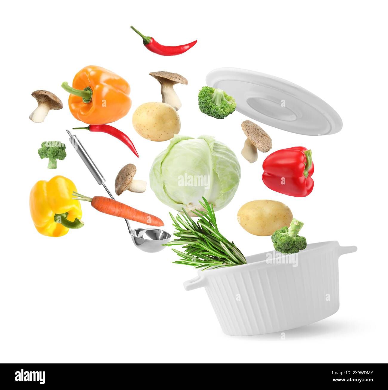 Fresh ingredients falling into saucepan on white background Stock Photo