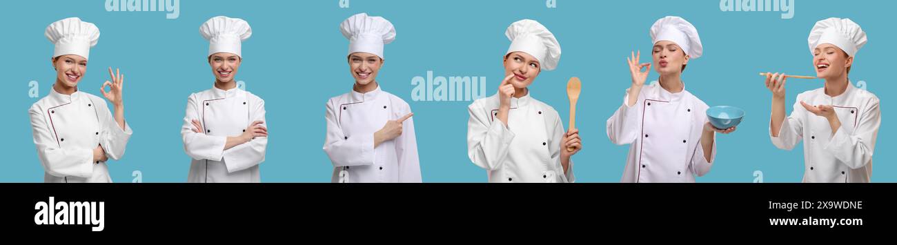 Collage with photos of professional chef on light blue background Stock Photo