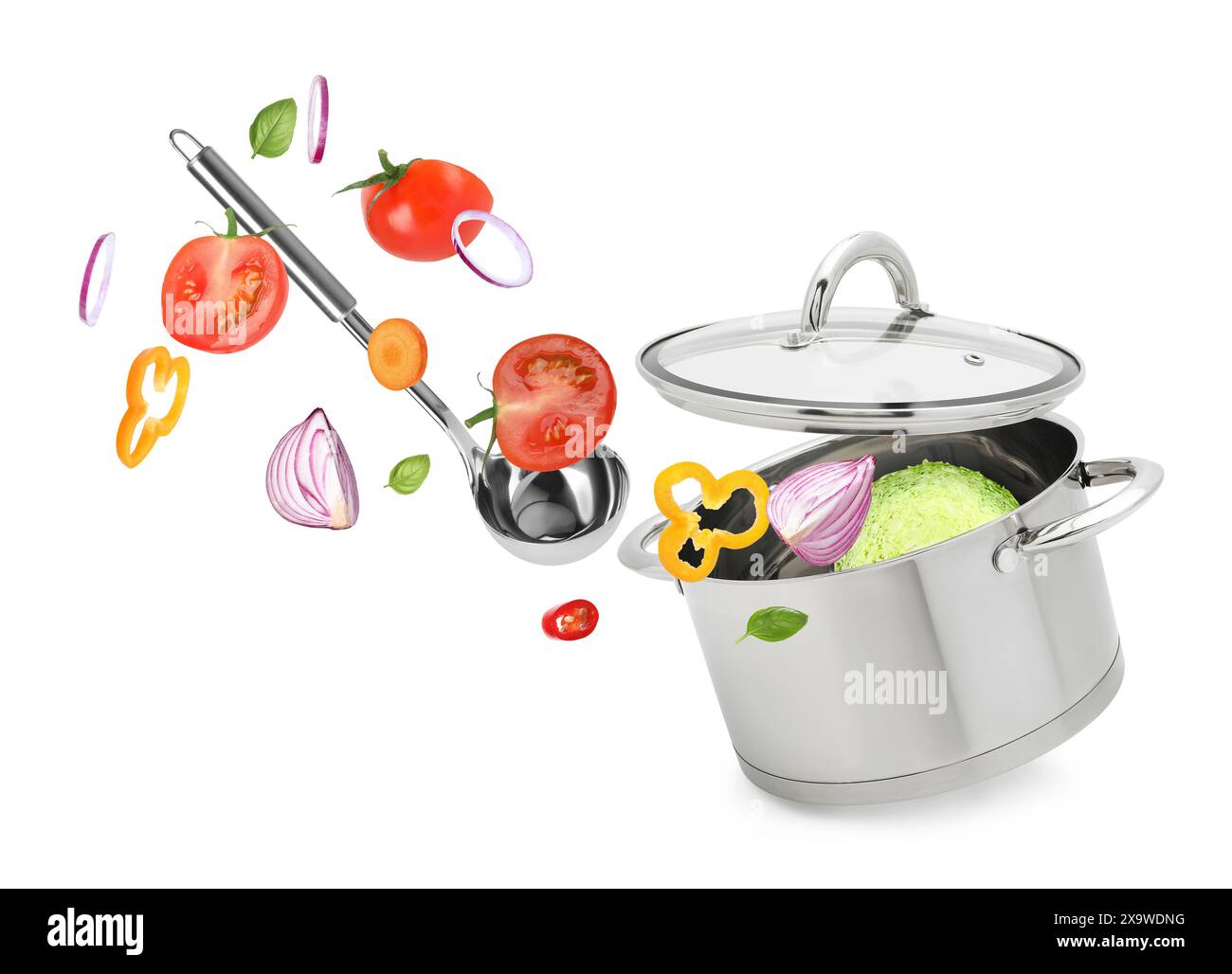 Fresh ingredients falling into saucepan on white background Stock Photo