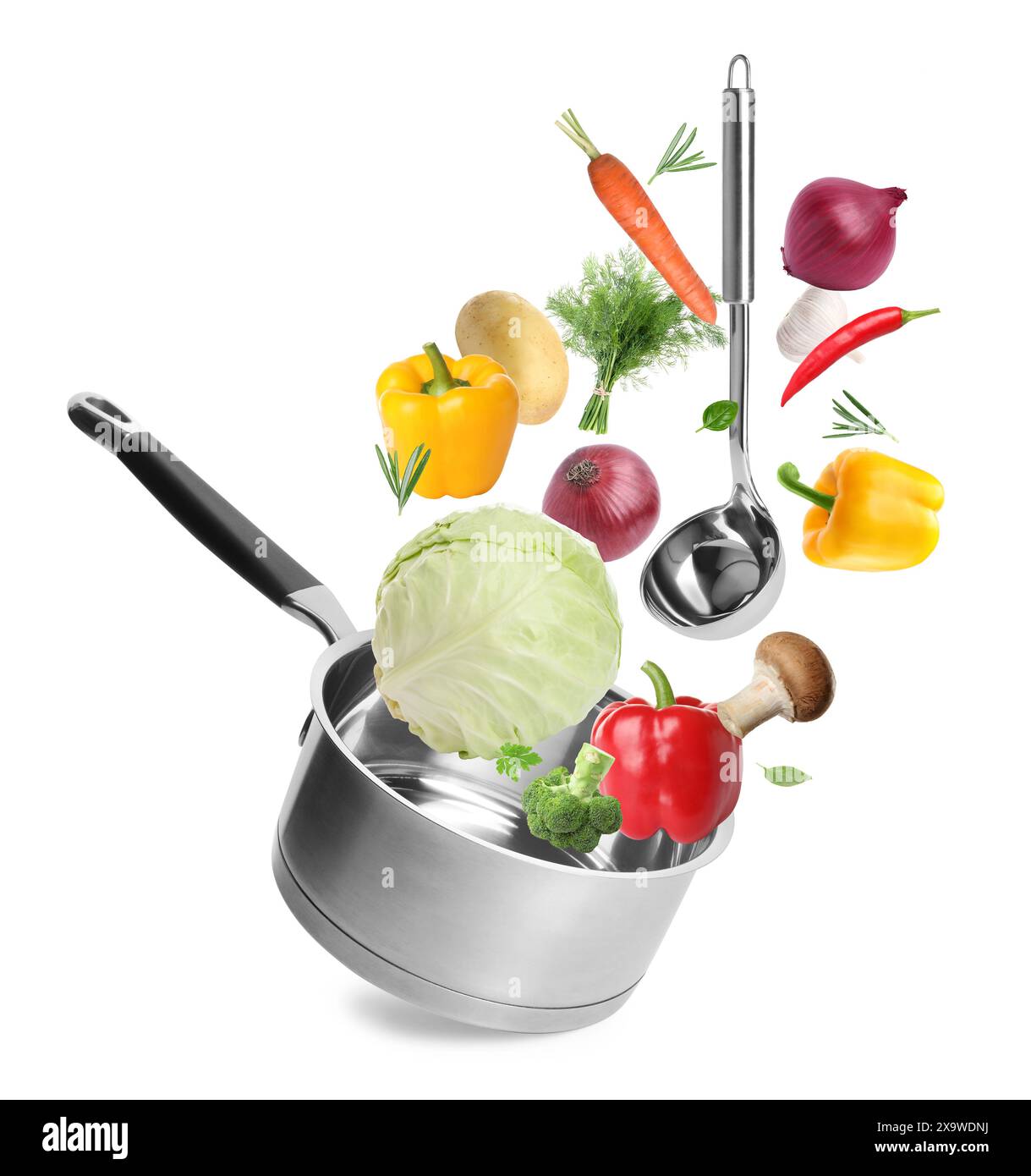 Fresh ingredients falling into saucepan on white background Stock Photo