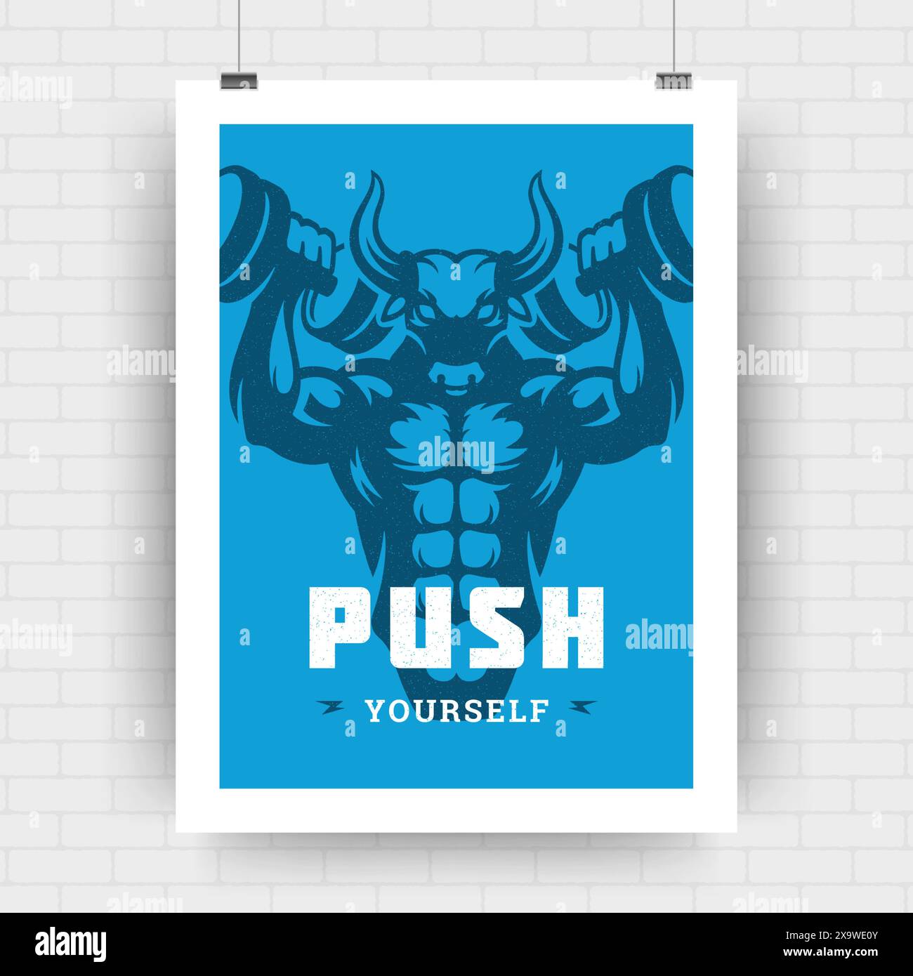 Fitness motivation poster retro typographic quote design template A4 size with bodybuilder man bull head silhouette. Push yourself message, vector Ill Stock Vector