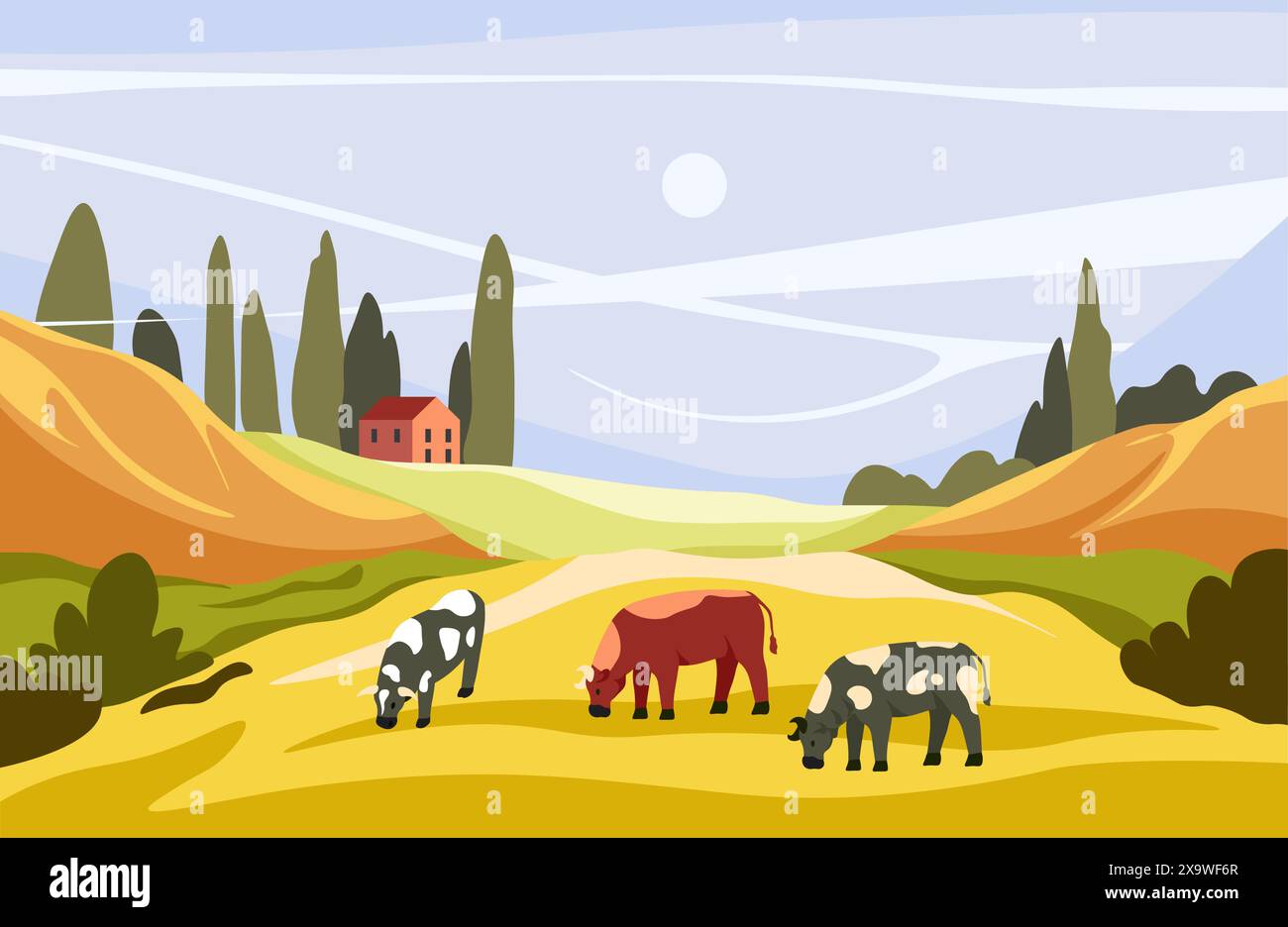 Cows Grazing in Valley vector Stock Vector Image & Art - Alamy