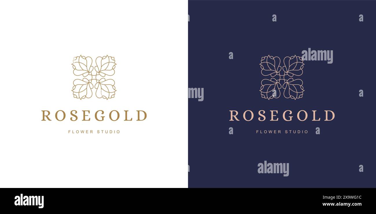 Rose flower petal line and branch with leaves vector logo emblem design ...