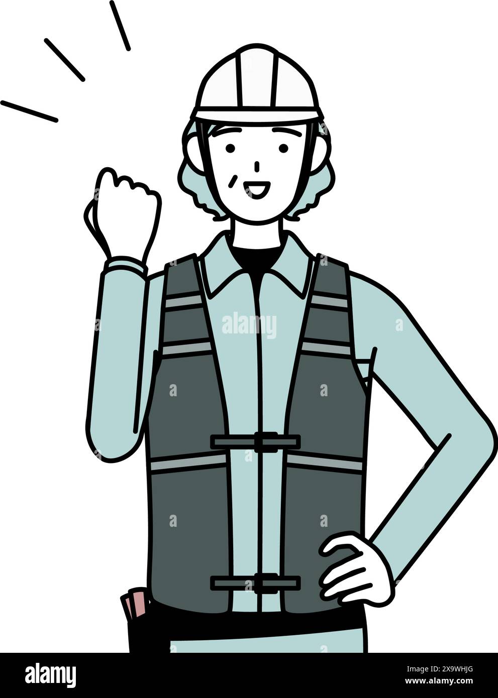 Senior female engineer in helmet and work wear posing with guts, Vector Illustration Stock Vector