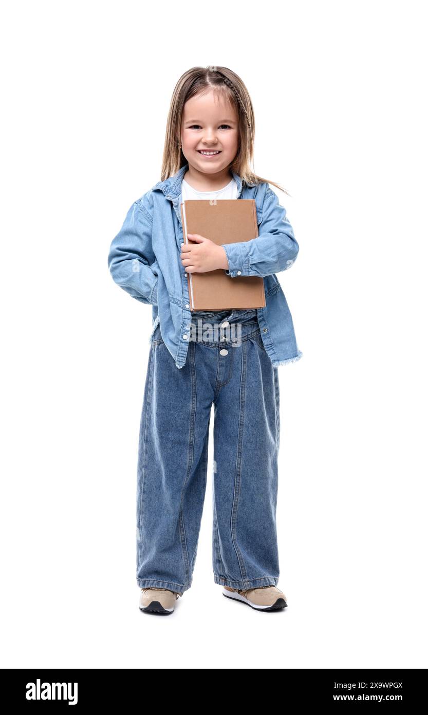 Cute little girl with book on white background Stock Photo - Alamy