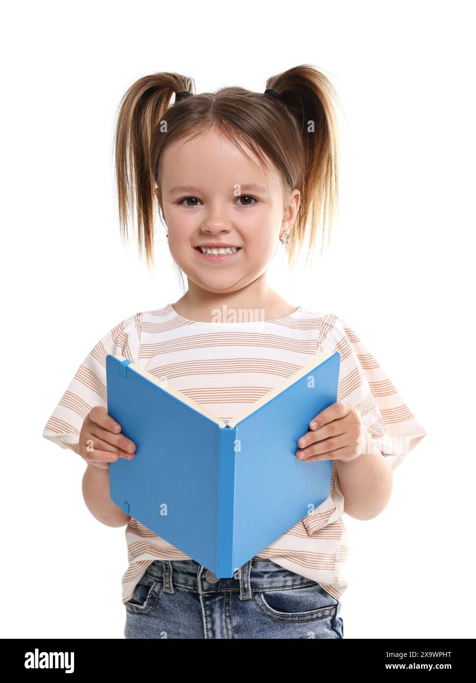 Cute little girl with book on white background Stock Photo - Alamy
