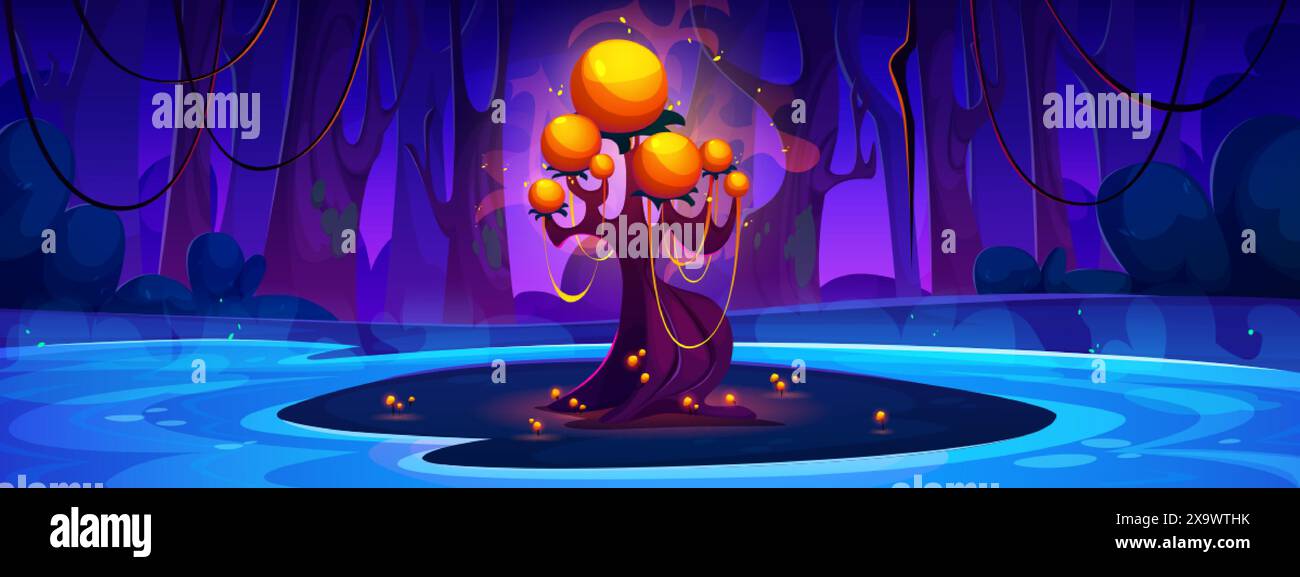 Dark night forest with lake and magic fantasy neon glowing yellow and ...