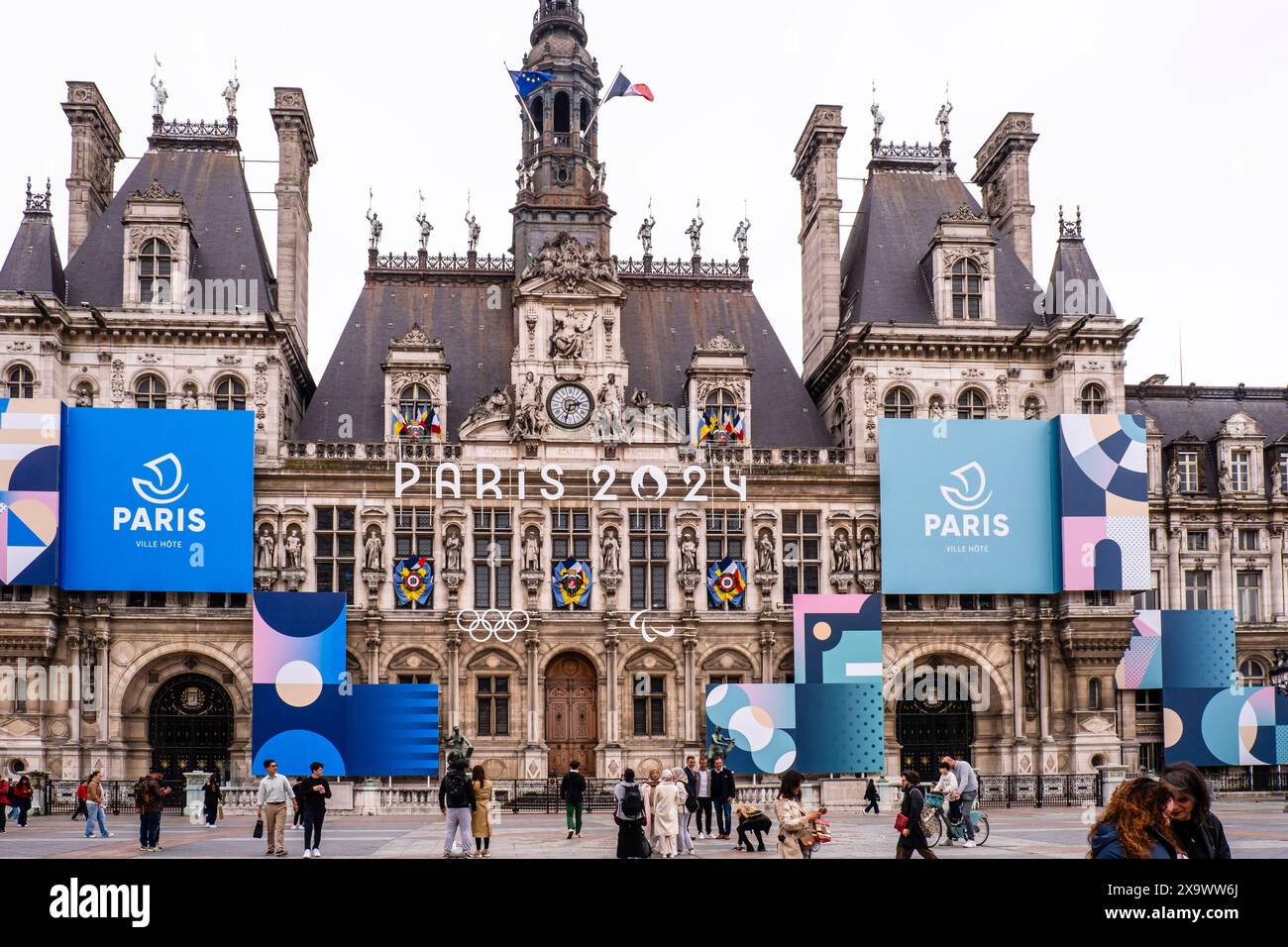 Paris, France. 3rd June, 2024. Banner and logo of the Paris24 Olympic ...