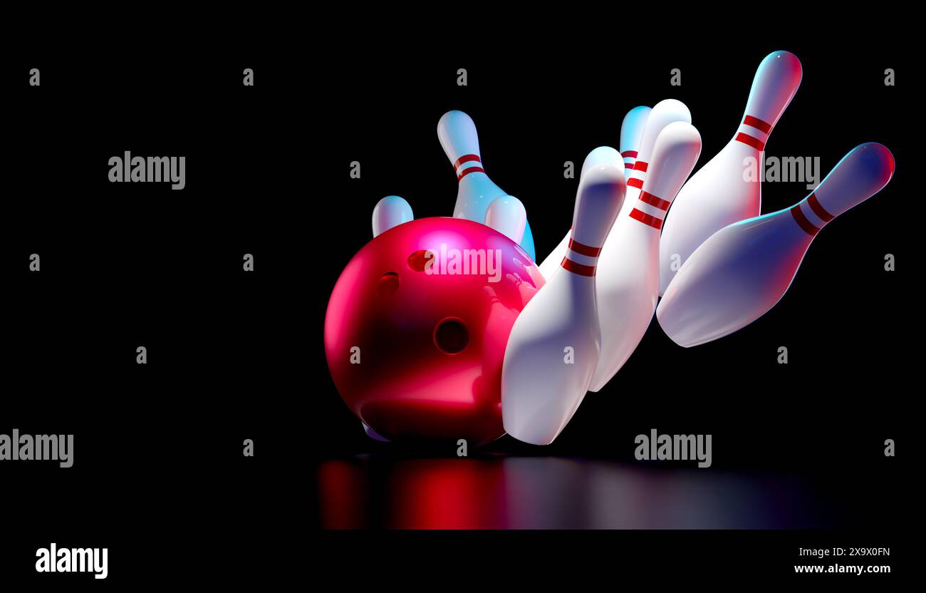 Red bowling ball knocking down white bowling pins Stock Photo Alamy