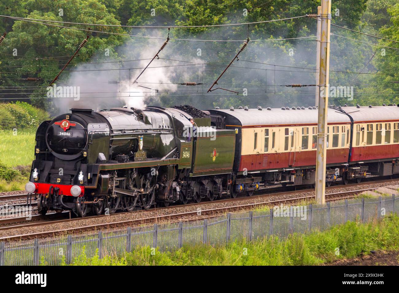 Heritage steam locmotive Braunton pictured here at Winwick on the West Coast main line. Braunton is an SR West Country class 21C146 engine. Stock Photo