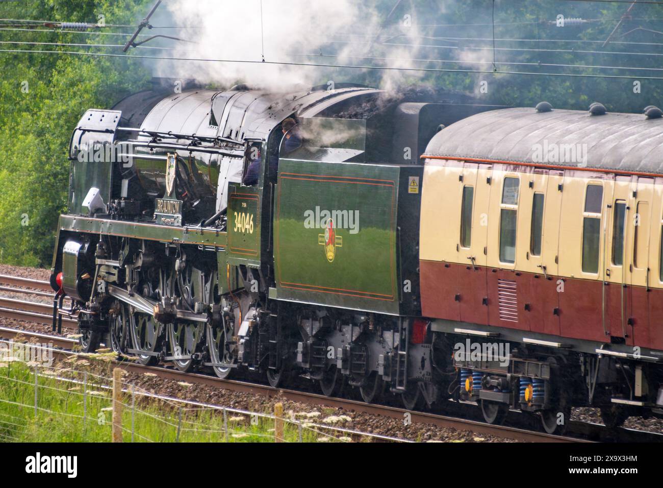 Heritage steam locmotive Braunton pictured here at Winwick on the West Coast main line. Braunton is an SR West Country class 21C146 engine. Stock Photo