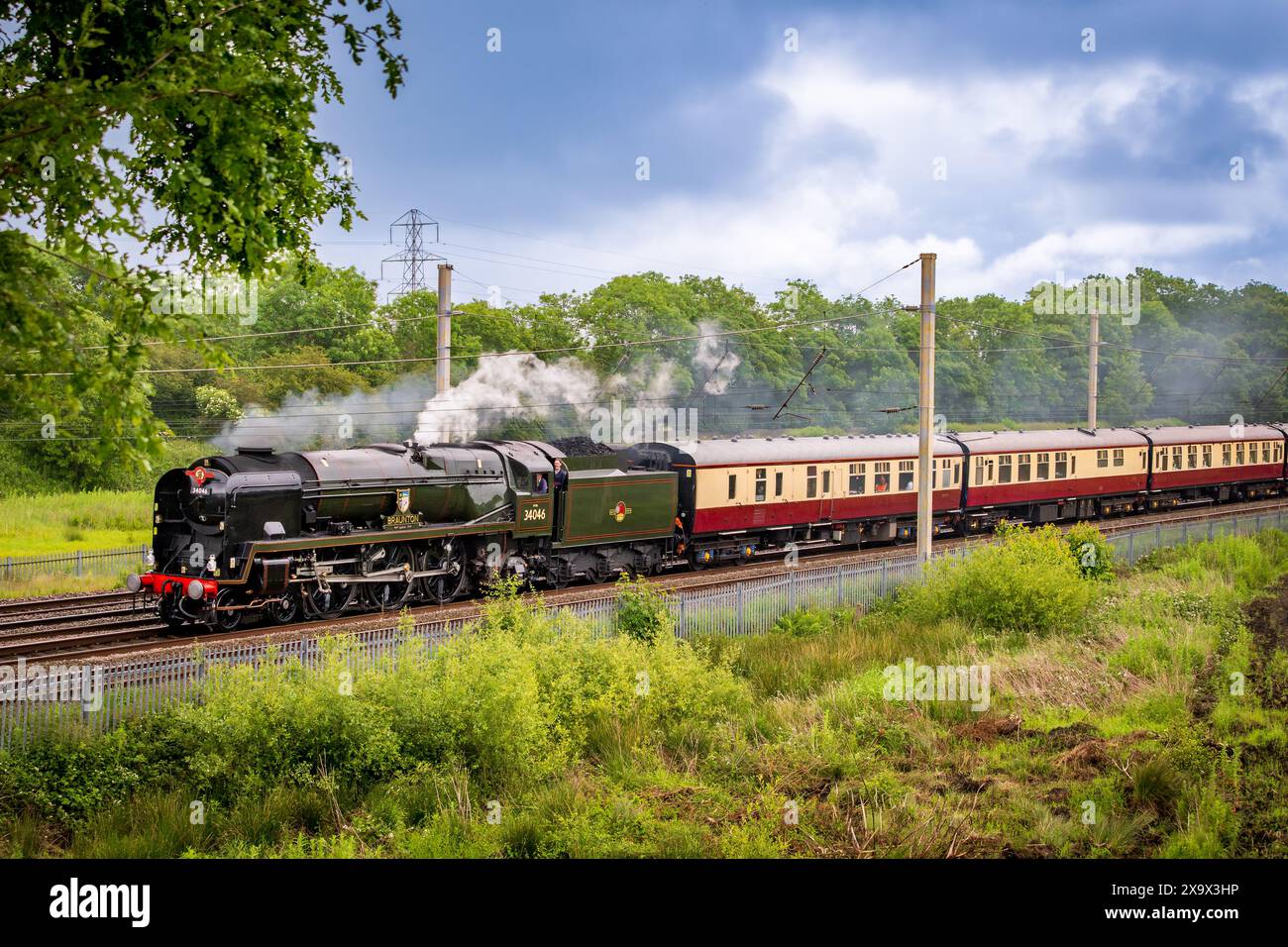 Heritage steam locmotive Braunton pictured here at Winwick on the West Coast main line. Braunton is an SR West Country class 21C146 engine. Stock Photo