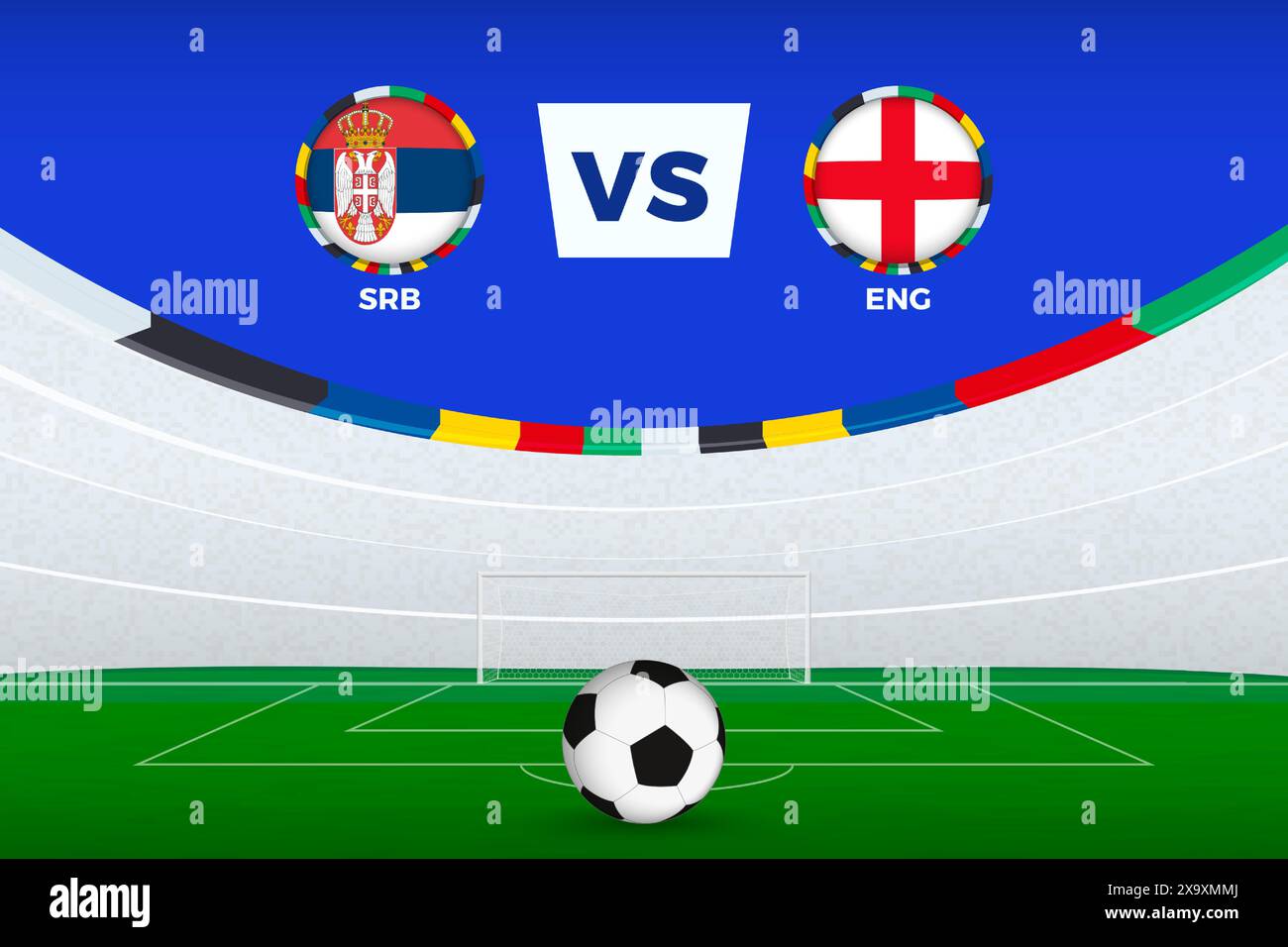 Illustration of stadium for football match between Serbia and England, stylized template from soccer tournament. Vector illustration. Stock Vector