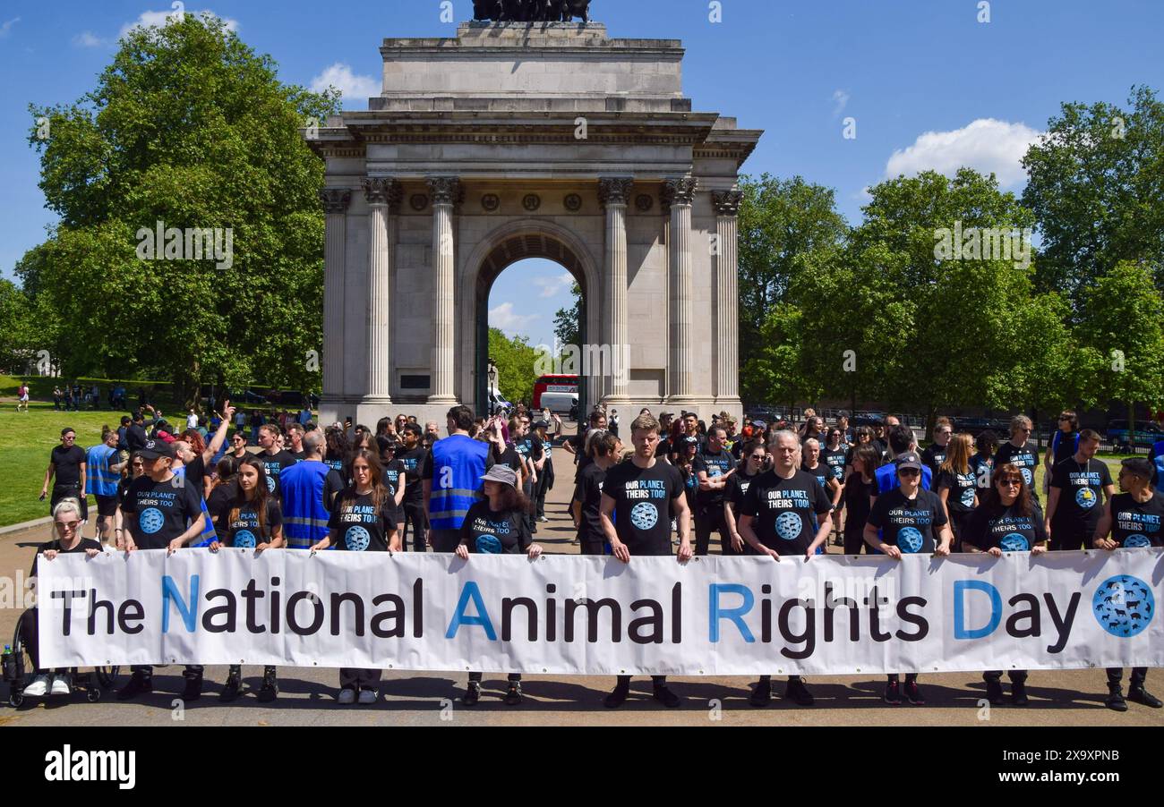 London, England, UK. 2nd June, 2024. Animal rights actvists gather with ...