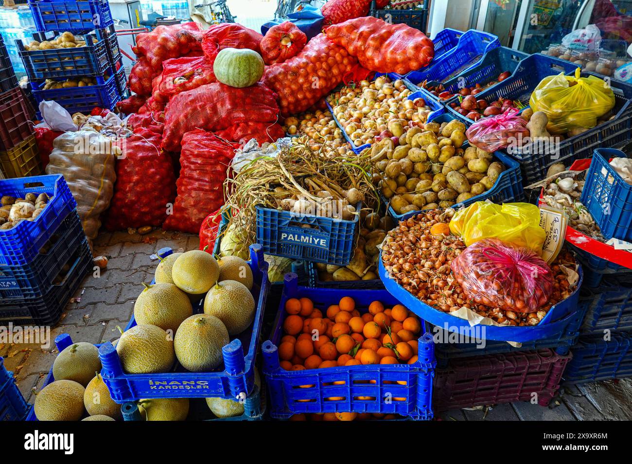 Vegetable shop, greengrocers in Dalyan, Turkey, showing colourful local produce Stock Photo