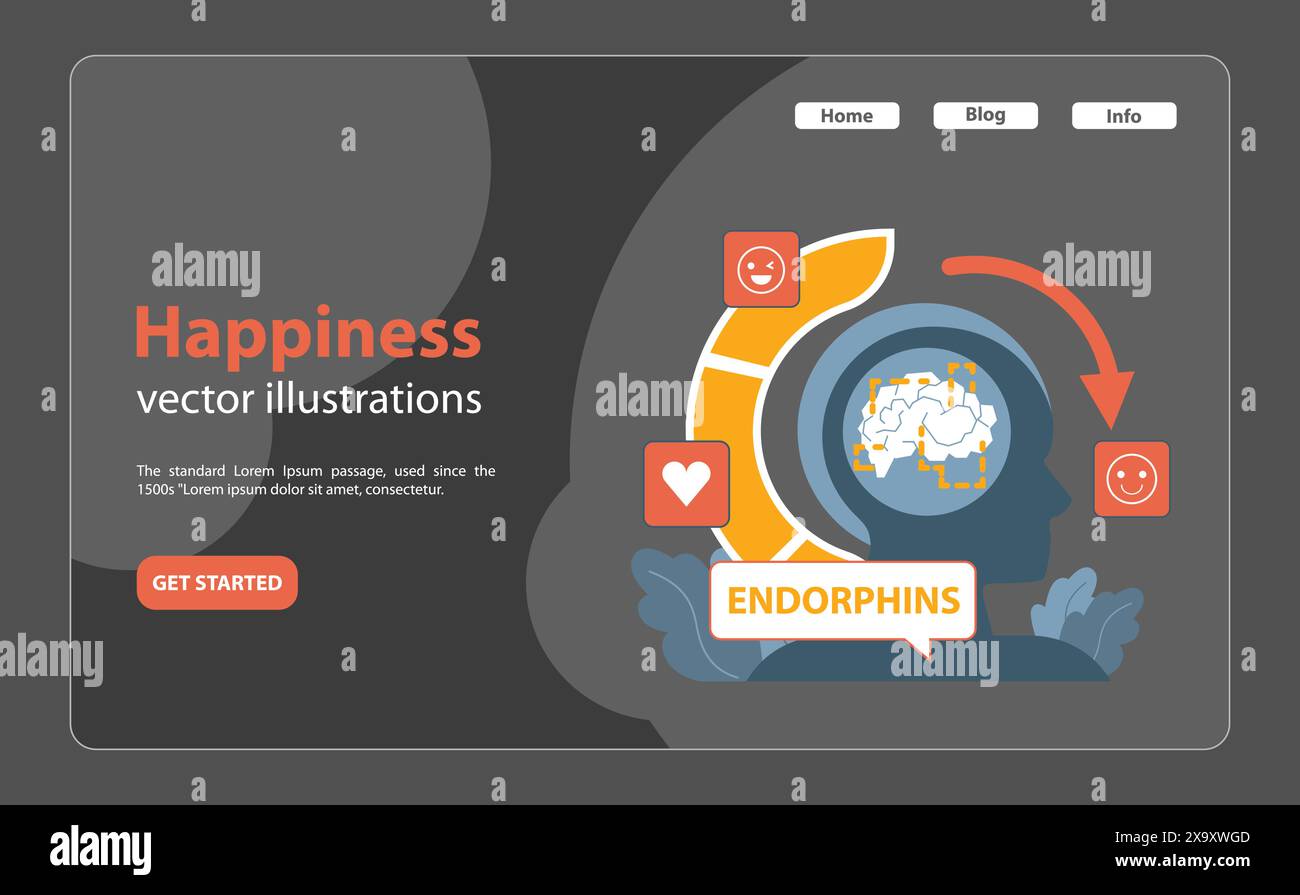 Illustration showcasing the brain's endorphin release, triggering happiness. Connection between emotions, heart, and positivity. Chemistry of joy, neural pathways, and emotional balance. Flat vector Stock Vector