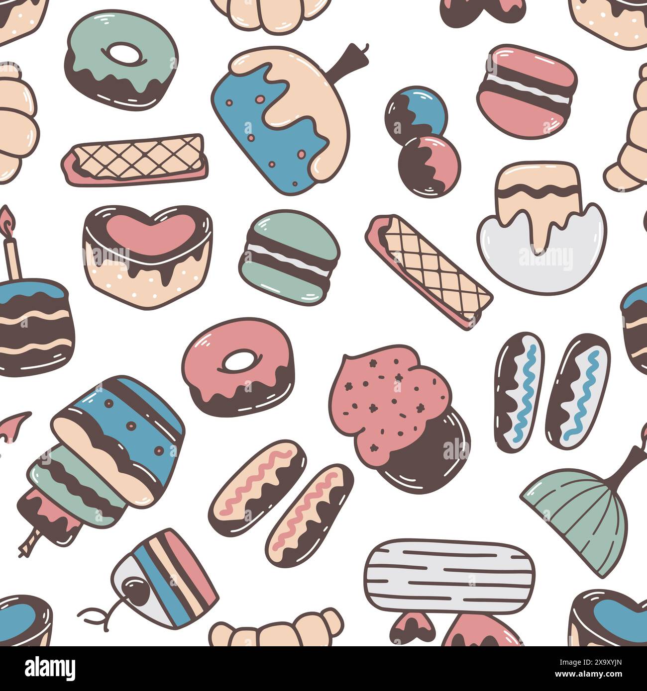 Cute doodle print of baked goods, desserts and sweets Stock Vector