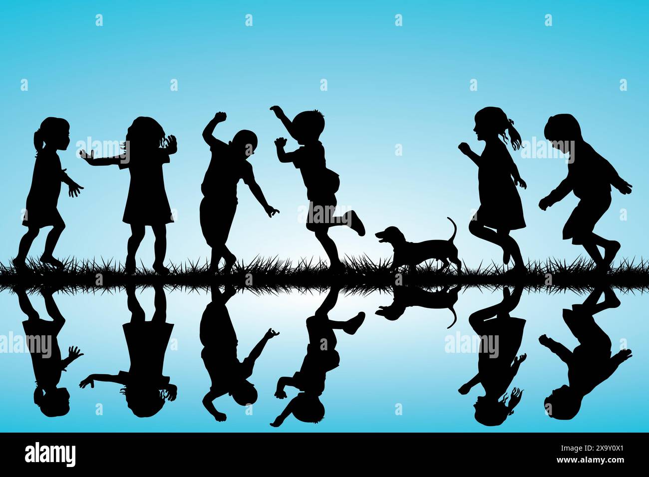 Silhouettes of children playing with a dog outdoor Stock Vector Image ...
