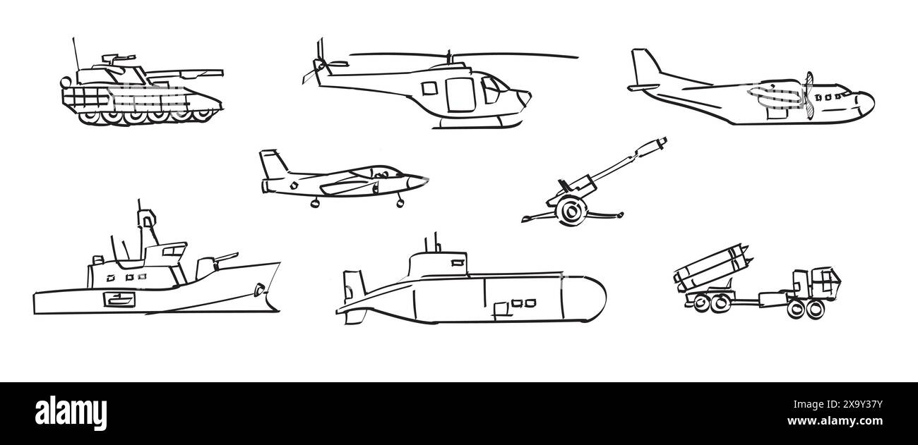 black and white military army warfare vehicle set collection hand drawing plane tank battleship submarine helicopter Stock Vector