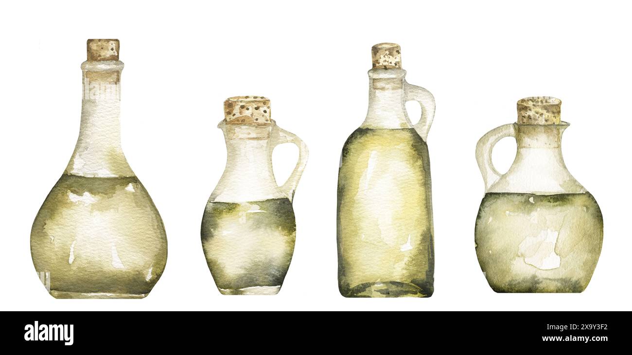 Watercolor olive bottles illustration set Stock Photo