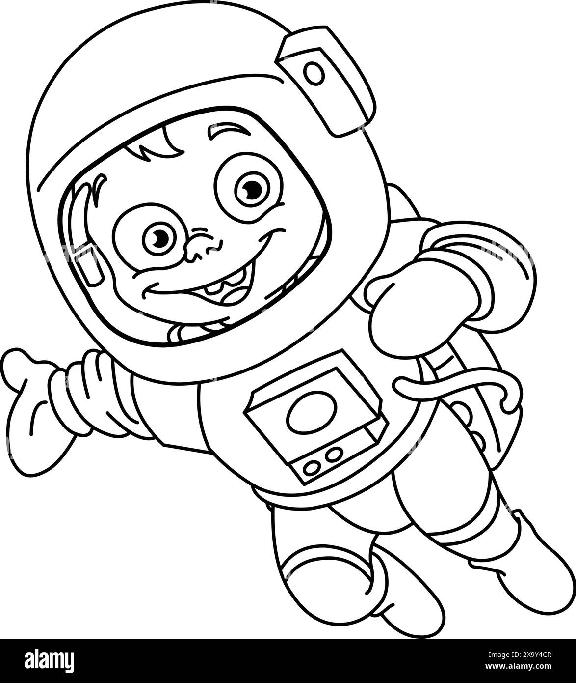 Outlined happy astronaut kid in a space suit presenting with his or her hand, Vector line art illustration coloring page. Stock Vector