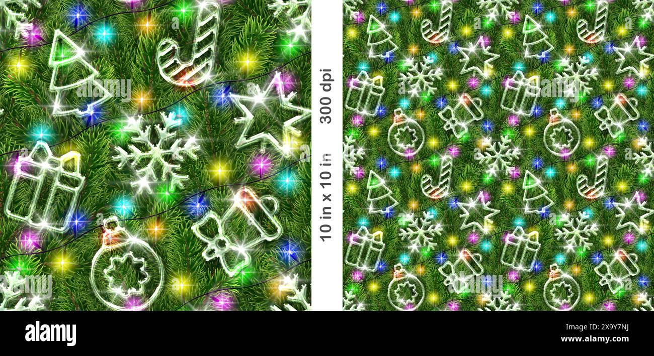 Christmas seamless tileable pattern. Realistic Christmas tree and lights background with shiny Christmas decorations. Wallpaper, background, wrapping Stock Photo