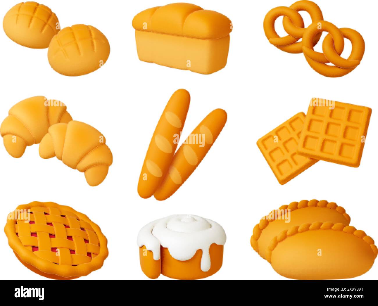 3d bakery products. Pastries, croissant and bread. Isolated buns ...