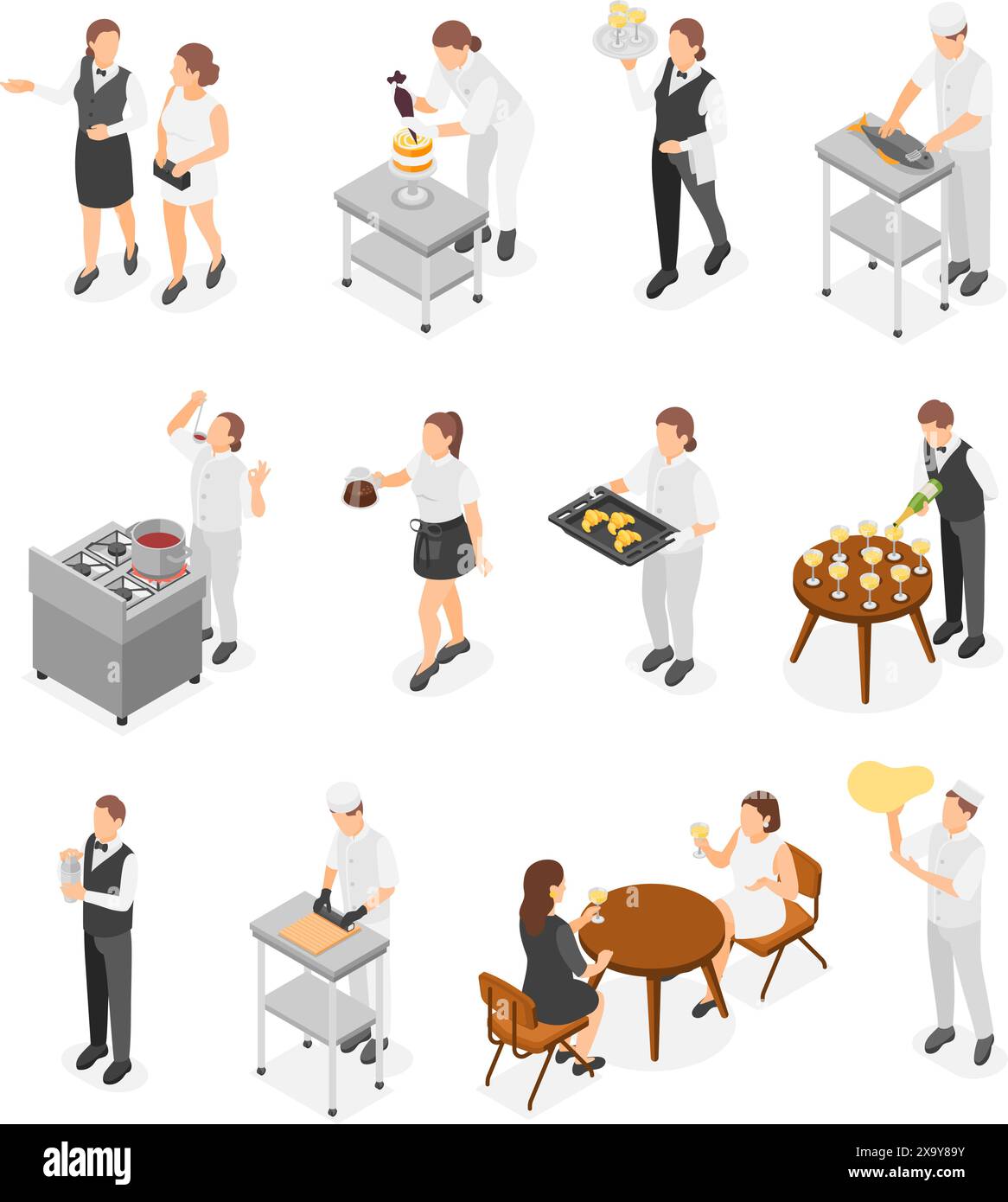 Isometric Restaurant Team Chefs Preparing Meals And Cooking Waiter