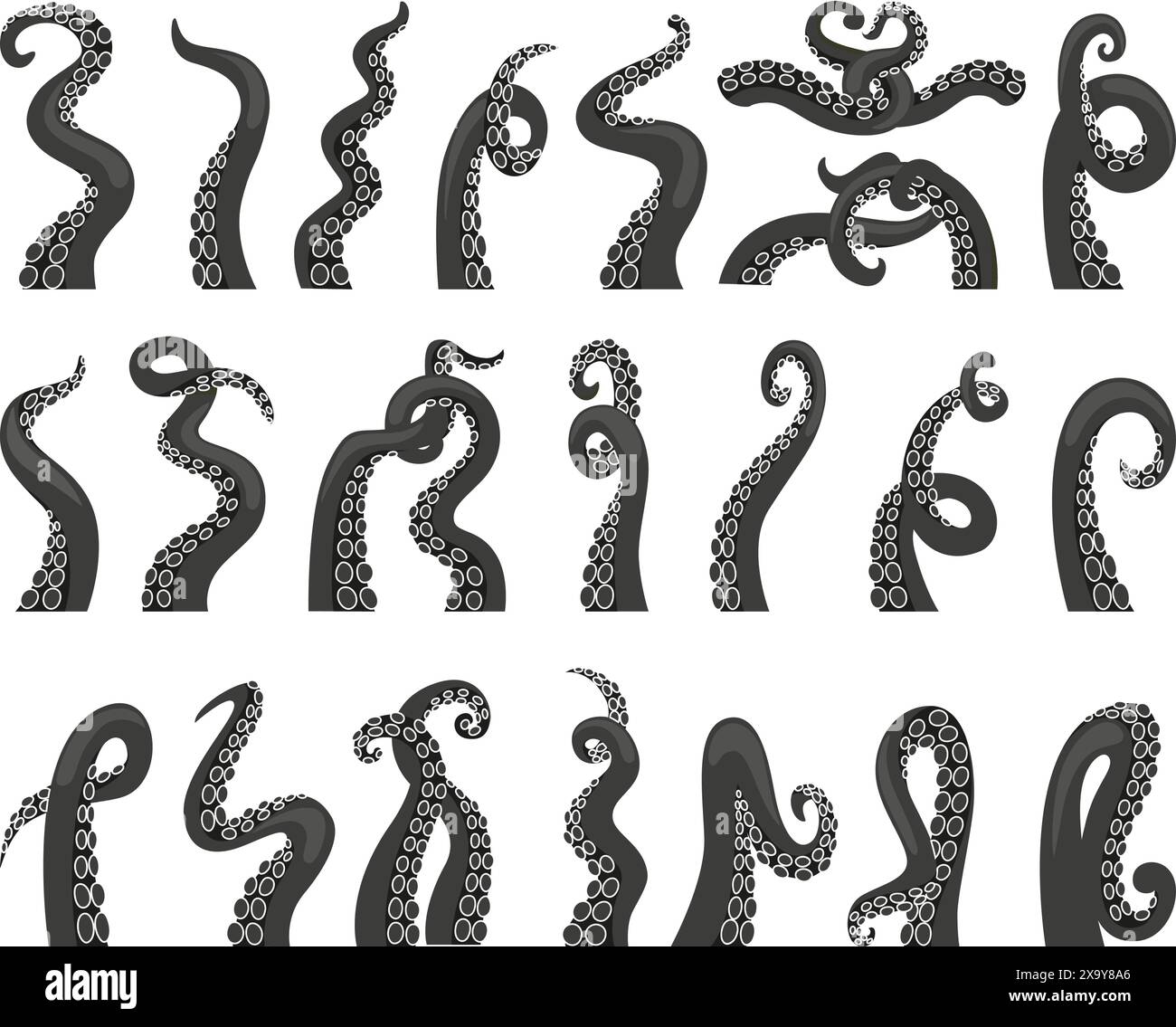 Black octopus tentacles. Kraken octopuses tentacle, squid sea body parts. Monochromatic ocean animal details, cartoon neoteric vector icons Stock Vector