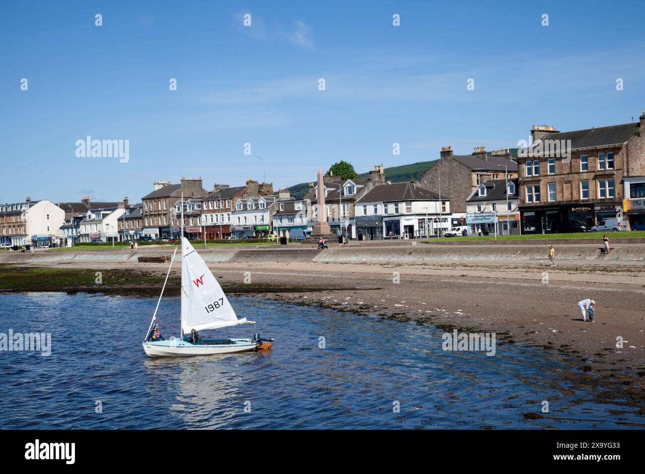 Seafront on the River Clyde at Helensburgh, Argyll and Bute, Scotland, with yacht in the