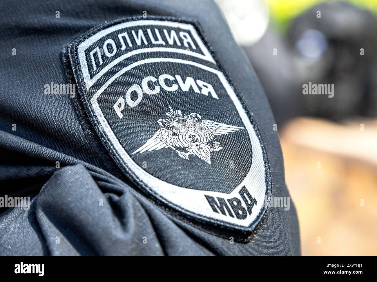 Russian Cop Samara, Russia - May 25, 2024: Emblem of russian police sewn on the ...