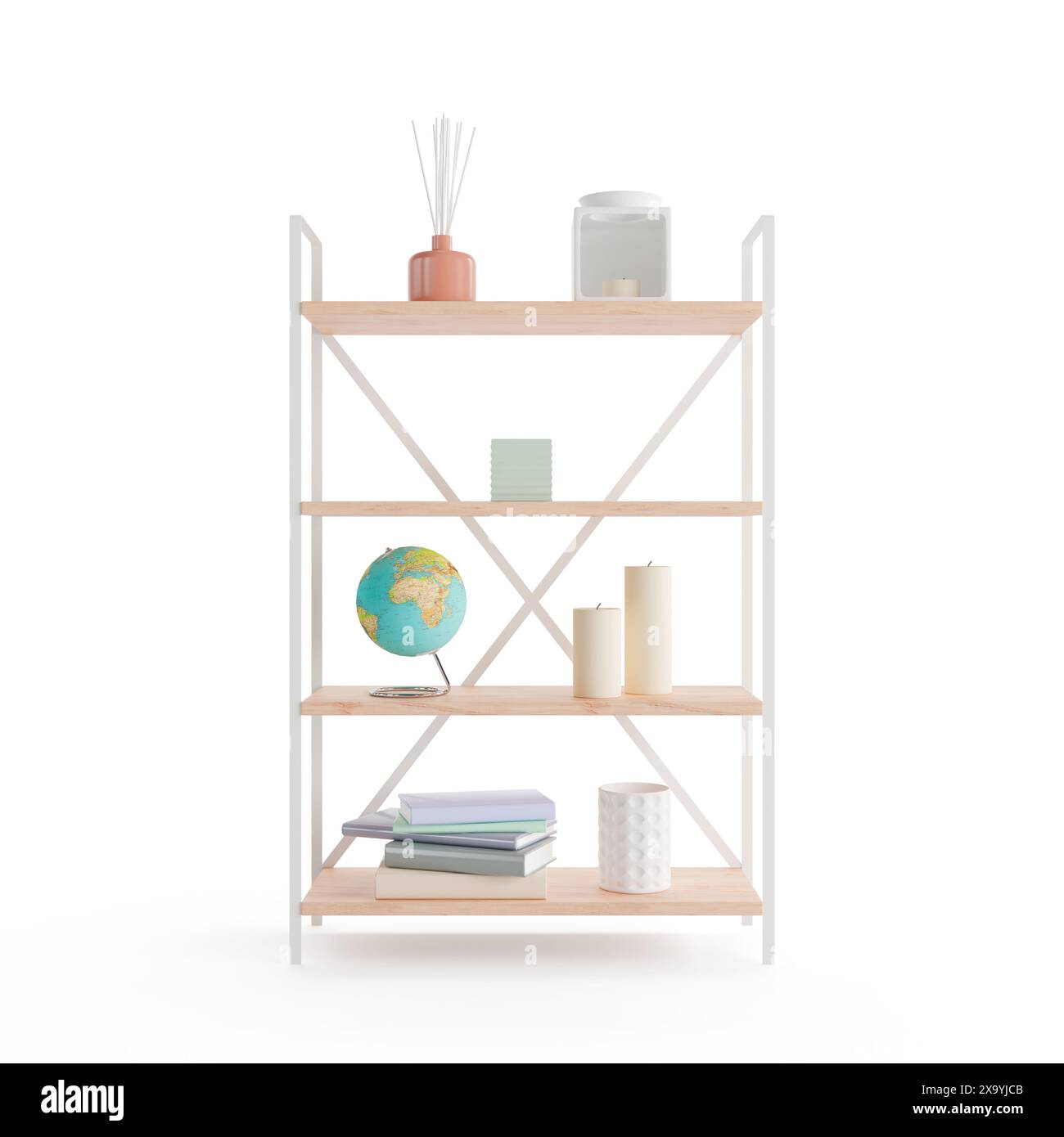 A 3D illustration of modern shelves on a white background Stock Photo