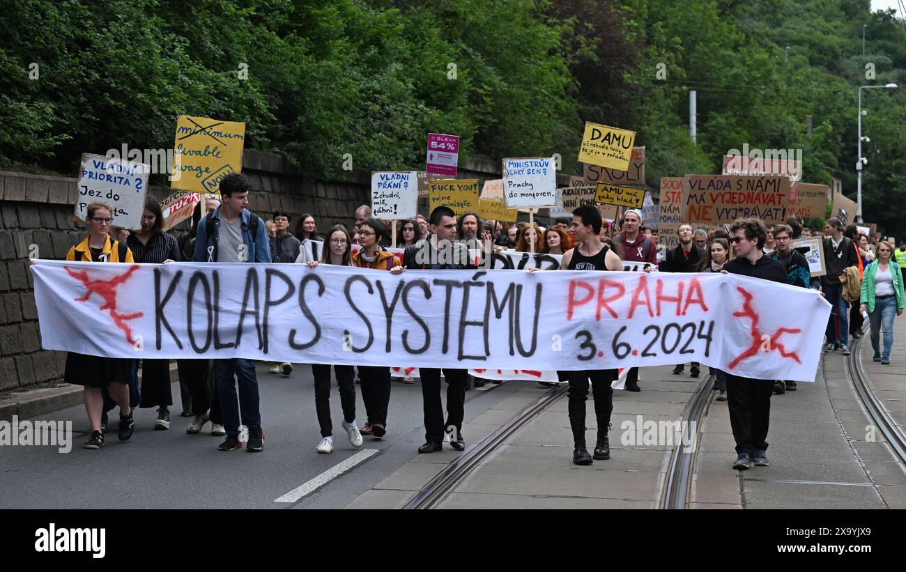 Prague, Czech Republic. 03rd June, 2024. Hour of Truth initiative organised protest event Collapse of the System, in Prague, Czech Republic, on June 3, 2024. Protest march to the Education Ministry building points to lack of money for Czech universities and colleges. Credit: Michaela Rihova/CTK Photo/Alamy Live News Stock Photo