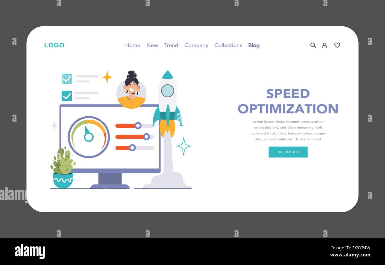 Webstie optimization concept. Launching websites to peak performance levels. Ensuring rapid loading and responsiveness. Flat vector illustration. Stock Vector