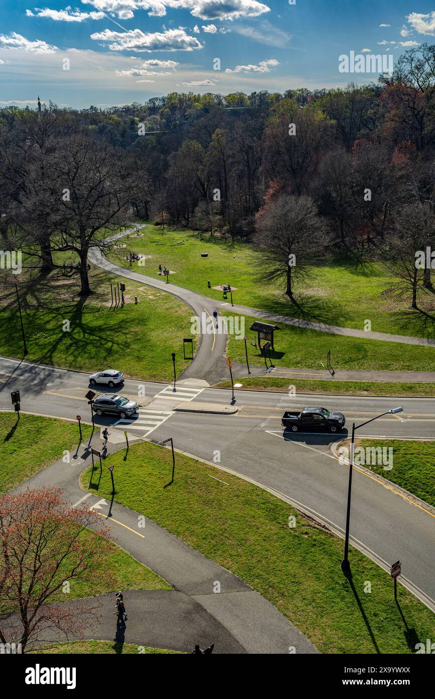 An aerial view of the Rock Creek Park trails during Spring Stock Photo