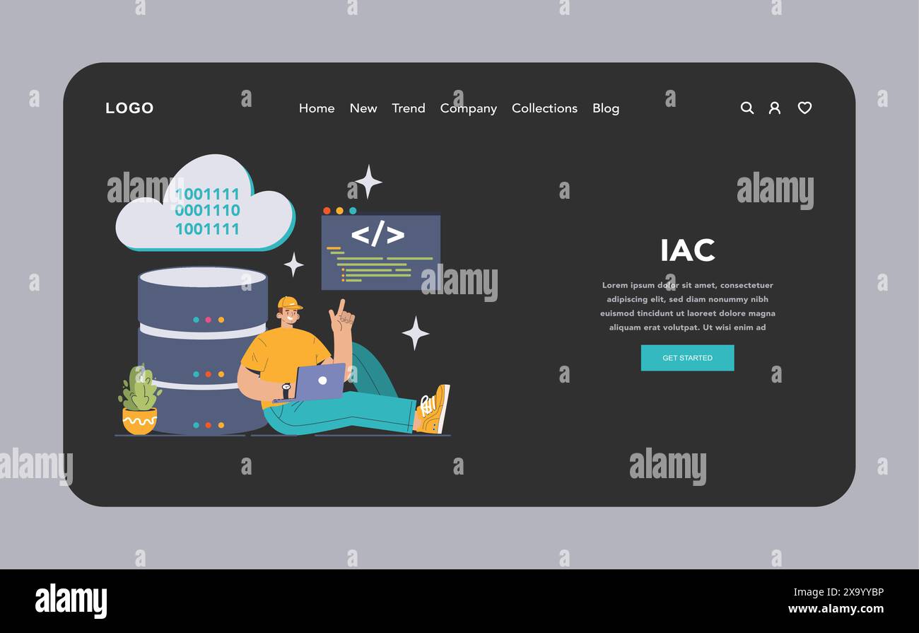 Infrastructure as Code concept. Programmer with laptop managing cloud ...