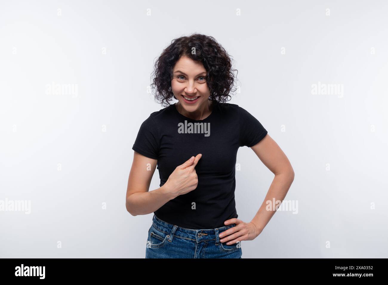 Pretty woman point index finger hi-res stock photography and images - Alamy