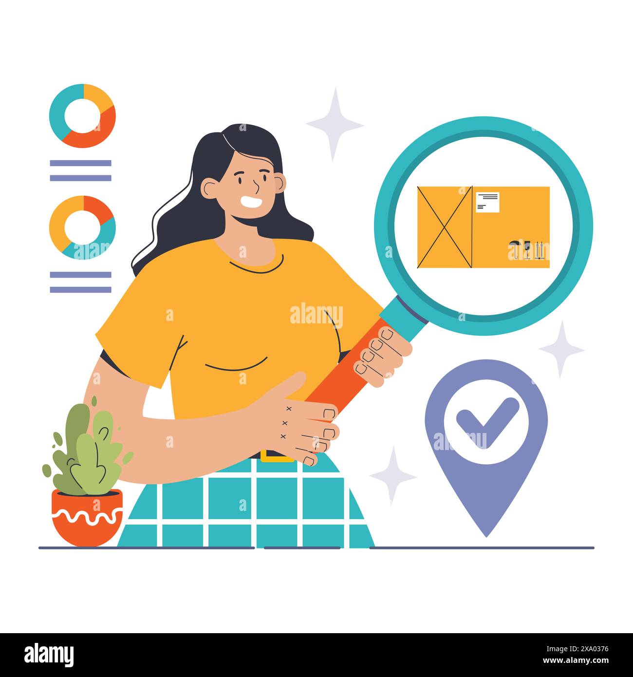 Inventory Control concept. Detailed scrutiny of goods with a magnifying