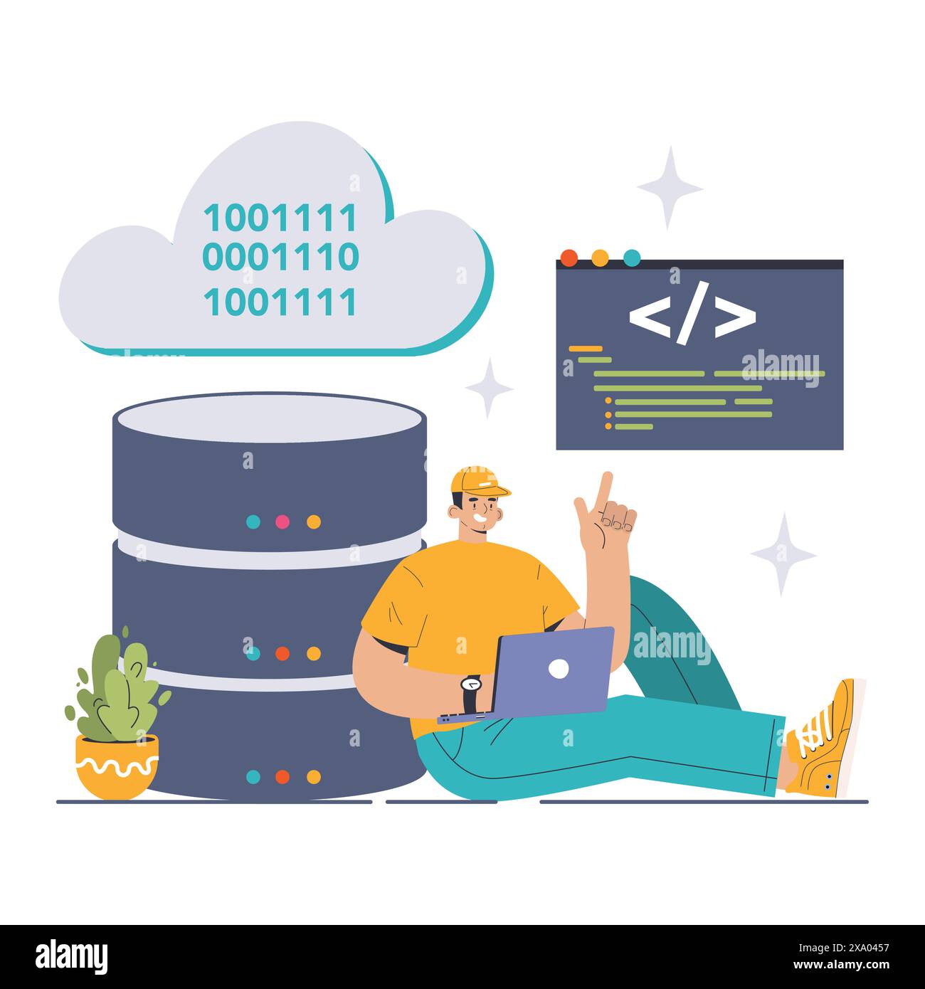 Infrastructure as Code concept. Programmer with laptop managing cloud ...