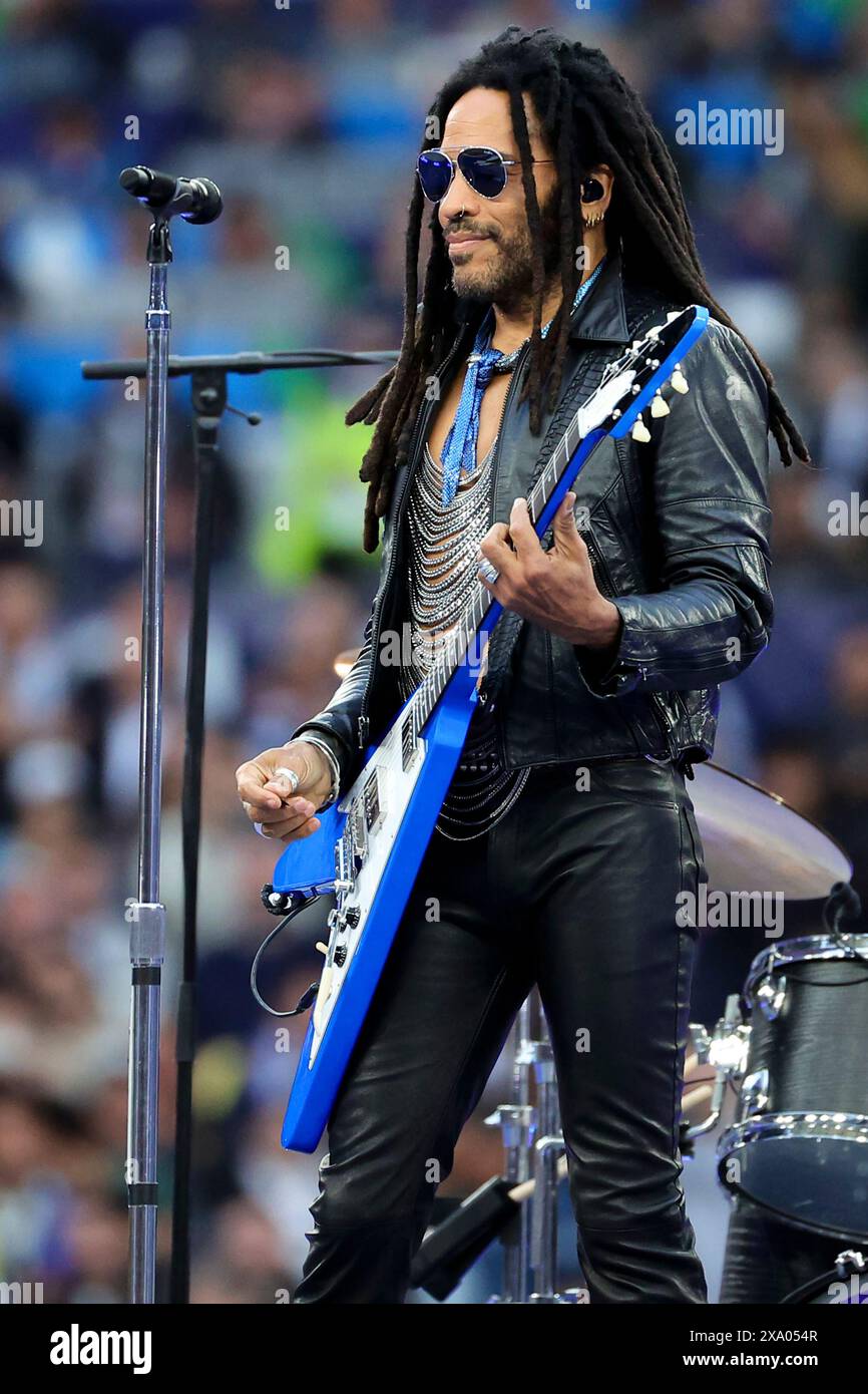 Lenny Kravitz performs prior to the 2023/2024 Champions League Final