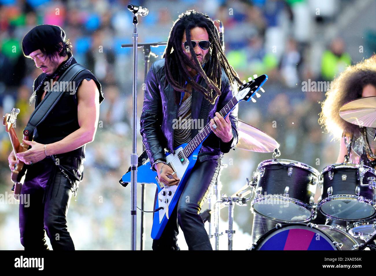 Lenny Kravitz performs with his band prior to the 2023/2024 Champions