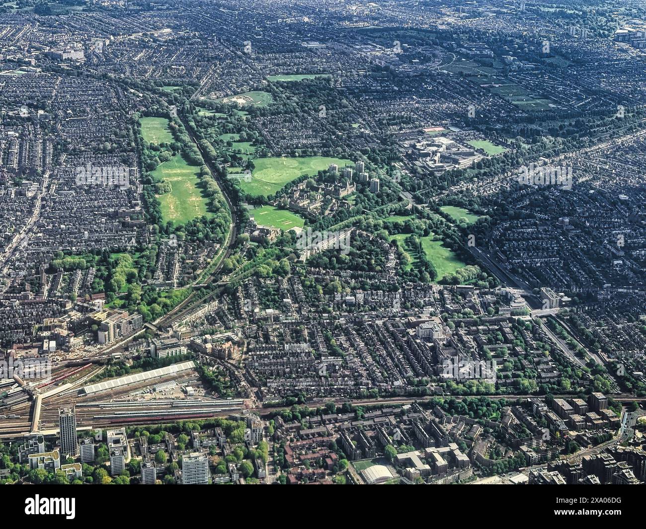 Over London, UK  - Clapham,  9th May, 2024 Aerial view over the Vauxhall, Nine Elms area of London, showing the USA Embassy, Covent Garden Fruit Marke Stock Photo