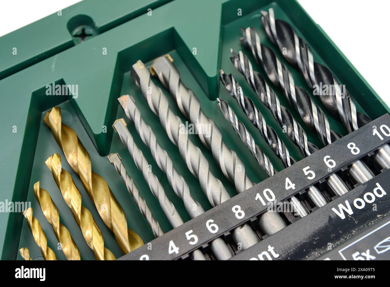 Drill bit set in box isolated on white Stock Photo
