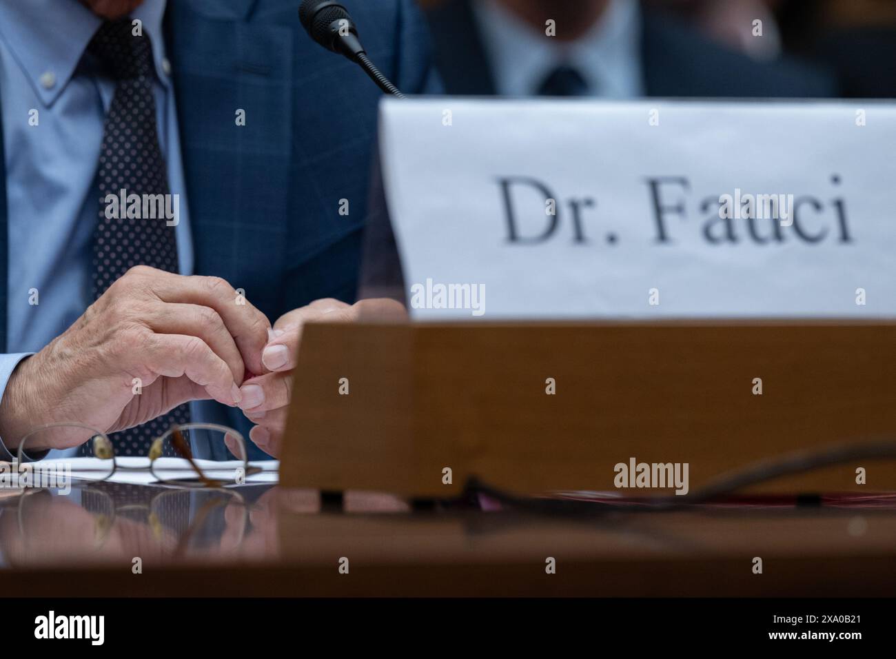 Washington, USA. 03rd June, 2024. Dr. Anthony Fauci, M.D., Former Director of the National Institute of Allergy and Infectious Diseases, fidgets before giving his testimony at the House Oversight and Accountability Select Subcommittee on the Coronavirus Pandemic in the Rayburn House office building in Washington, DC on Monday, June 3, 2024. (Photo by Annabelle Gordon/Sipa USA) Credit: Sipa USA/Alamy Live News Stock Photo